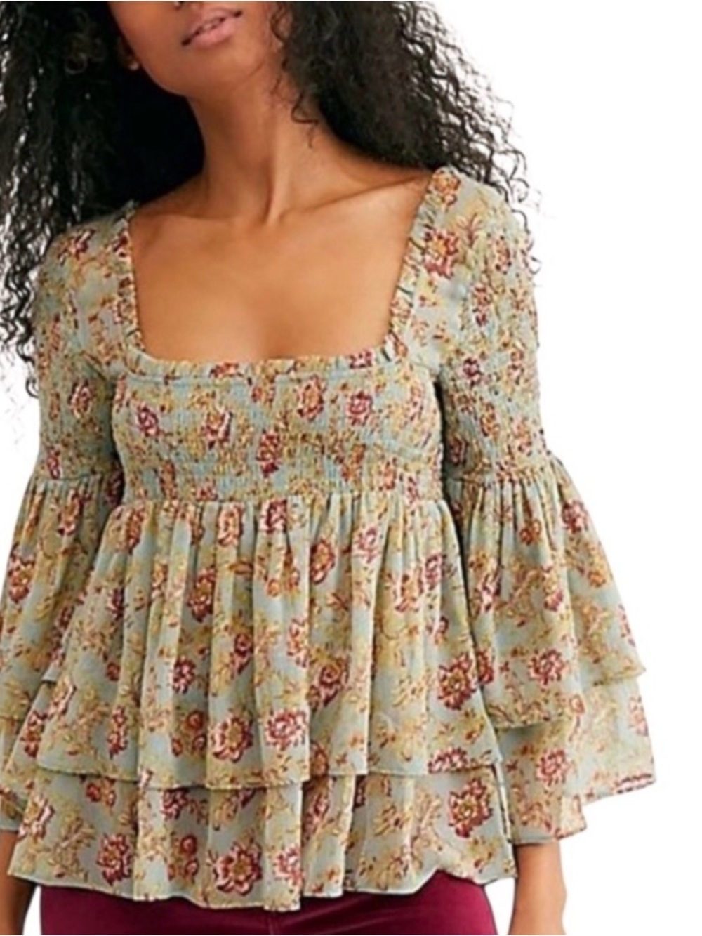 Free People Sage Green Floral Smocked Babydoll Blouse